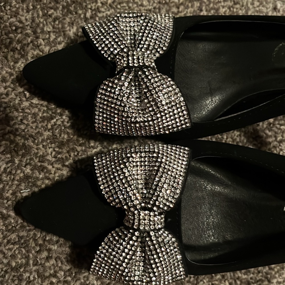 Kitten heel Elegant Black Slingback Heels with Rhinestone Bow